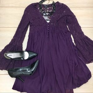 R+J Couture Purple Lace Bell Sleeve Dress